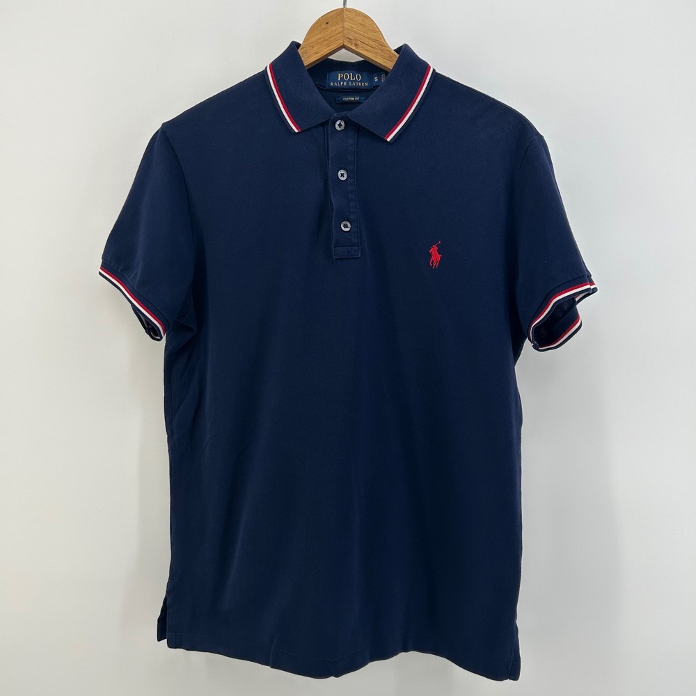 Polo Ralph Lauren Polo Shirt Mens Small Navy Custom Fit Tipped Collar Red Pony